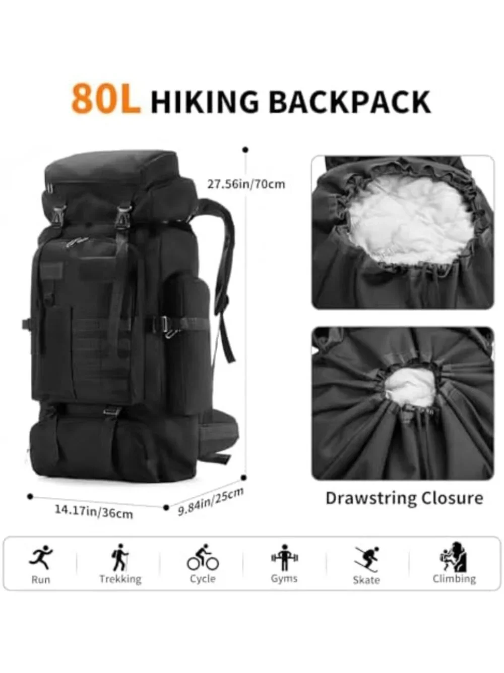 80L Waterproof Tactical Hiking Backpack for Men & Women, Large Molle Rucksack